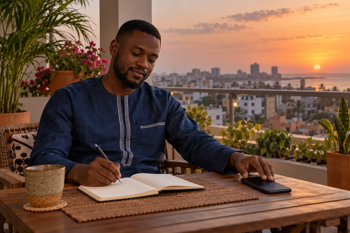Adulte à Dakar fermant une application et notant une limite de dépenses