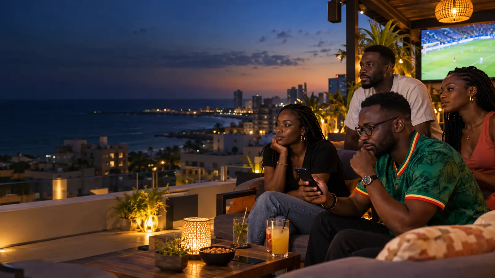 Supporters adultes consultant un match en direct à Dakar